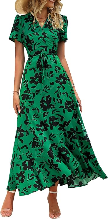 PRETTYGARDEN Women's Summer Wrap Maxi Dress Casual Boho Floral V Neck Short Sleeve Ruffle Hem Split Beach Long Dresses