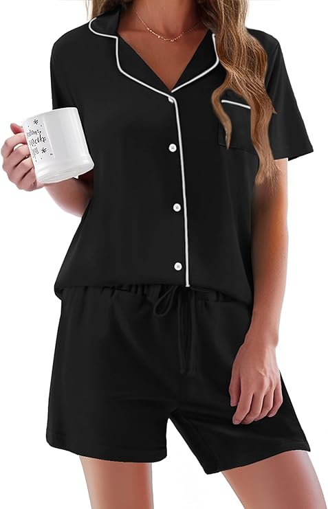 Ekouaer Pajamas Set for Women Short Sleeve Sleepwear Button Down Pjs Soft 2 Piece Lounge Sets